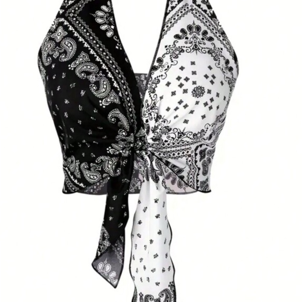 Paisley Bandana Halter Top - Black and White